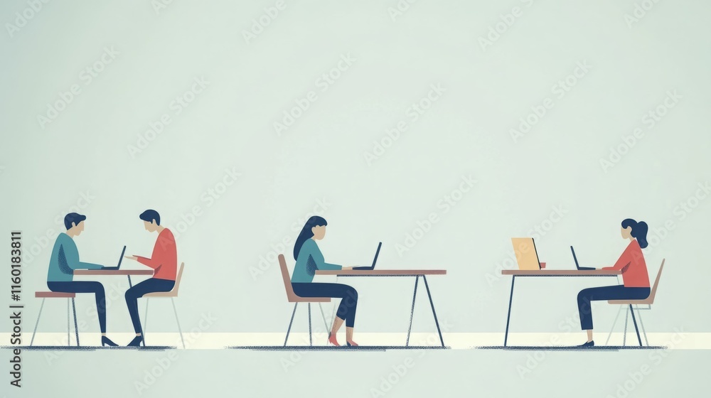 Fototapeta premium Four individuals working independently at individual desks, showcasing modern workspaces.