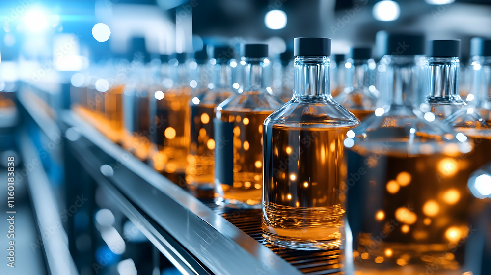 Distillery Bottling Line Amber Liquid Bottles Conveyor Belt Factory Production. Distillery Bottling Line Amber Liquid Bottles Conveyor Belt Factory Production.