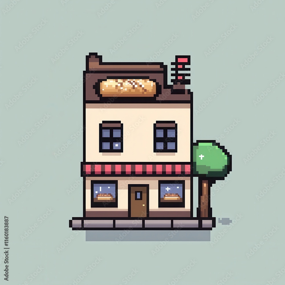Obraz premium An 8-bit pixel art design of a cute bakery with glowing windows, a pixelated bread sign, and tiny sparkles, set on a pastel cream and brown background for a cozy village aesthetic. 