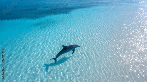 Wallpaper Mural Dolphin swimming in crystal-clear shallow ocean water near a reef, aerial view, for travel brochures. Torontodigital.ca