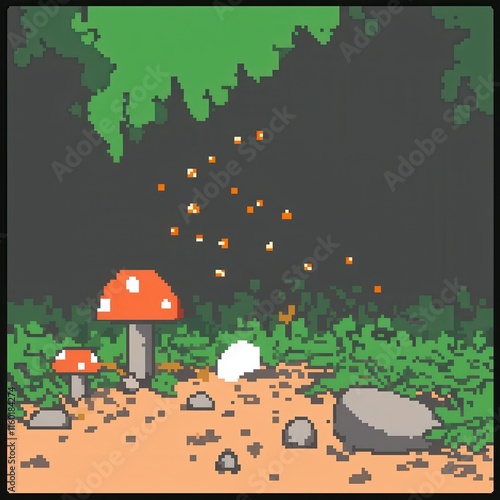 An intricate 8-bit pixel art of a glowing forest clearing with pixelated mushrooms, sparkling fireflies, and tiny glowing trees, set on a pastel green and brown background for a magical woodland  photo