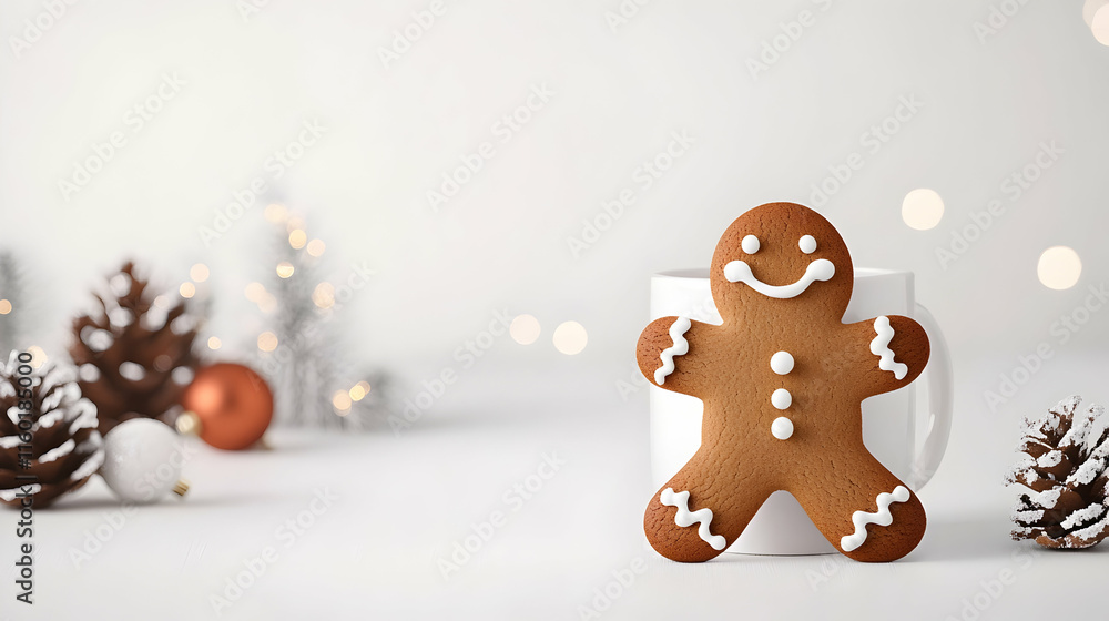 Festive Gingerbread Man Cookie on Mug, Christmas Lights Background, Holiday Baking, Food Photography. Festive Gingerbread Man Cookie on Mug, Christmas Lights Background, Holiday Baking, Food Photography.