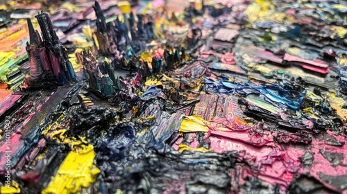 Close-up of textured oil paint palette with vibrant colors and thick brushstrokes. photo