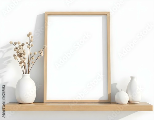 A wooden frame with a white background, a vase with dried flowers, and other decorative elements on a wooden shelf