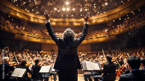 A portrait of an orchestra conductor with his arms raised in the air, standing on stage inside a concert hall, facing the audience, from the back. A symphony and music concept.