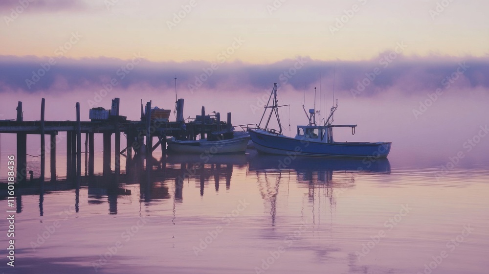 Fototapeta premium A rustic fishing pier at dawn with fishermen preparing their boats, Fishing equipment under soft morning light and reflections on calm waters, Coastal awakening style