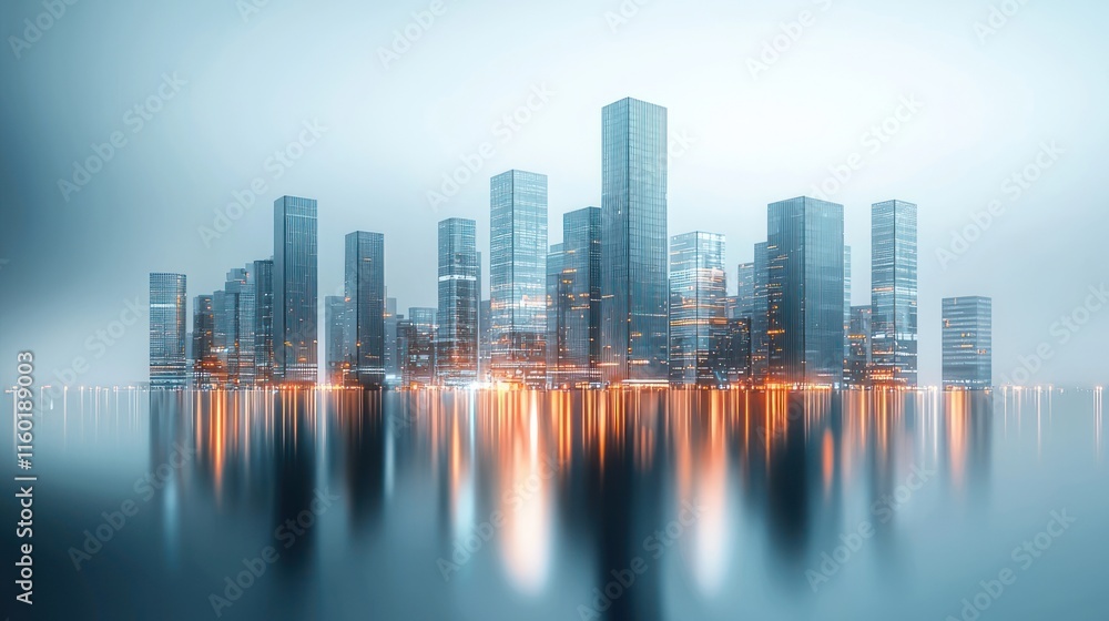 Fototapeta premium Futuristic city skyline reflected in calm water at night.