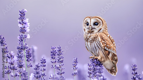 Owl perched on lavender, purple background, peaceful nature scene, ideal for calming designs.