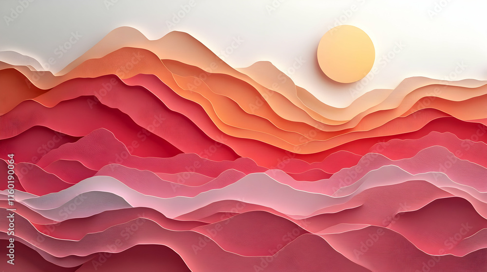 Fototapeta premium Abstract layered landscape with warm colors and a sun, evoking tranquility and creativity.