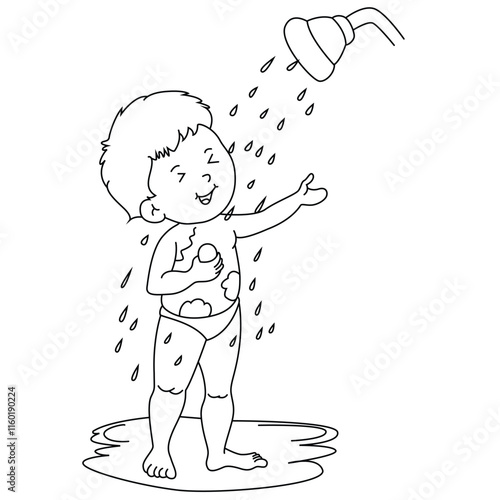 Cute cartoon hand drawn vector Young baby boy takes bath coloring page.