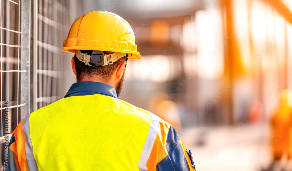 Construction Worker in Focus: A solitary construction worker, clad in a yellow hardhat and safety vest, stands stoic and vigilant against a backdrop of bustling industrial activity. Construction Worker in Focus: A solitary construction worker, clad in a yellow hardhat and safety vest, stands stoic and vigilant against a backdrop of bustling industrial activity.