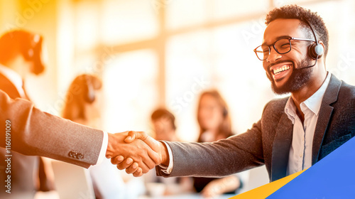 Successful Partnership: A smiling African-American businessman in a headset shakes hands, sealing a deal in a busy office.  A vibrant image depicting collaboration and success.  photo