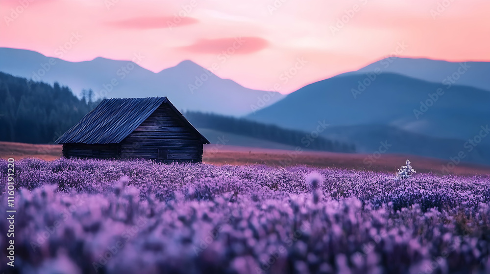 Rustic cabin sunset lavender field mountain landscape postcard. Rustic cabin sunset lavender field mountain landscape postcard.