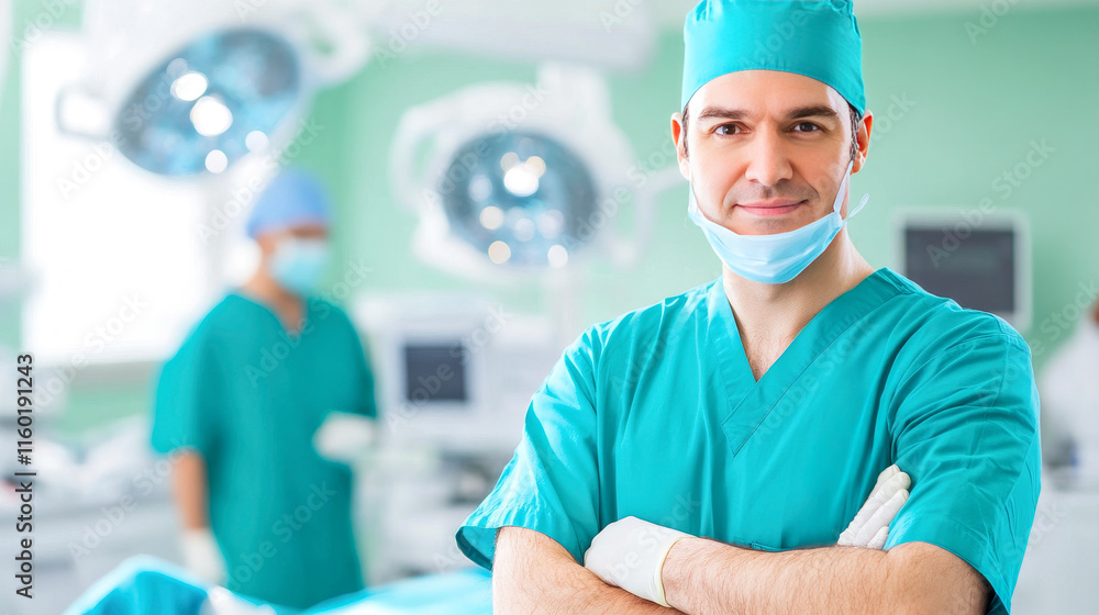 Confident Surgeon in the OR: A close-up portrait of a confident surgeon, arms crossed, in a sterile operating room, ready to perform surgery. The image exudes professionalism, expertise. Confident Surgeon in the OR: A close-up portrait of a confident surgeon, arms crossed, in a sterile operating room, ready to perform surgery. The image exudes professionalism, expertise.