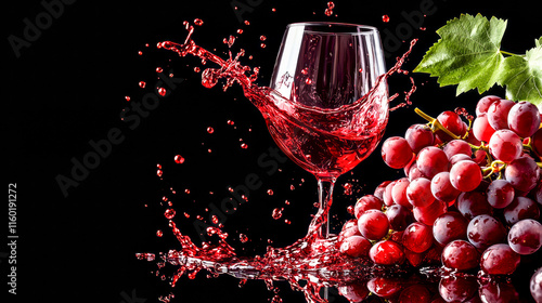 Red Wine Splash: A dramatic and elegant composition of a glass of red wine with a splash, a bunch of grapes and a green leaf on a black background. This image evokes a sense of luxury.