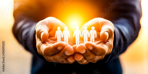 Hands Holding People Cutouts:  A powerful image symbolizing leadership, support, and care for a team.  The warm glow behind the figures suggests a bright future and a sense of hope.   photo