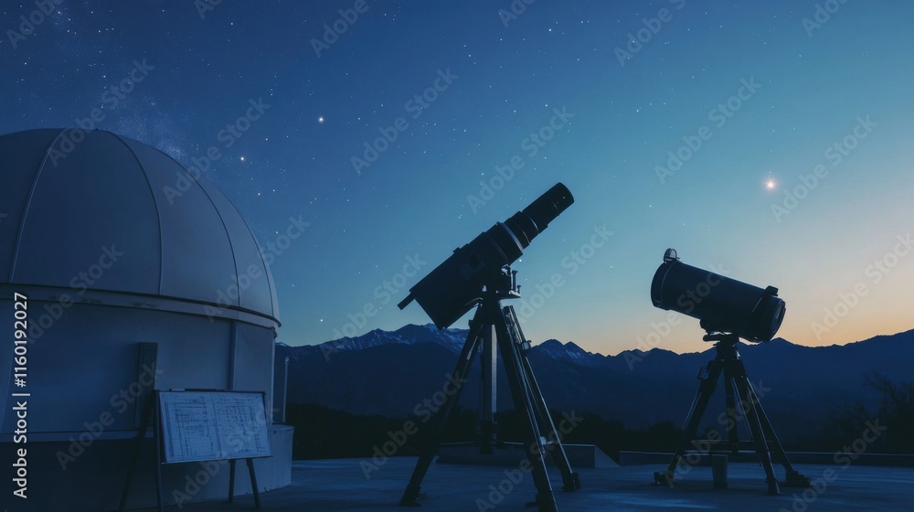 A serene astronomy observatory with telescopes and star charts, Astronomical tools arranged under a clear night sky, Observatory style A serene astronomy observatory with telescopes and star charts, Astronomical tools arranged under a clear night sky, Observatory style
