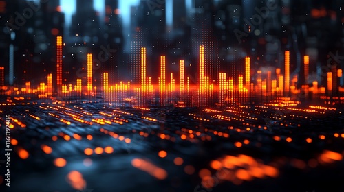 Abstract Digital Cityscape with Glowing Orange Towers
