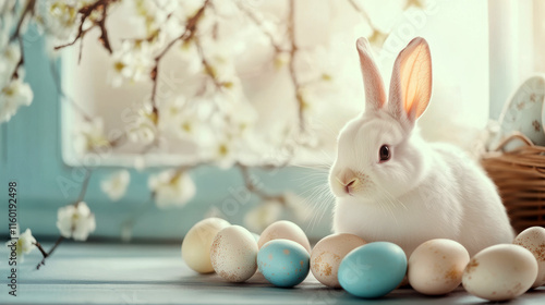 Adorable white rabbit with colorful easter eggs in a spring setting