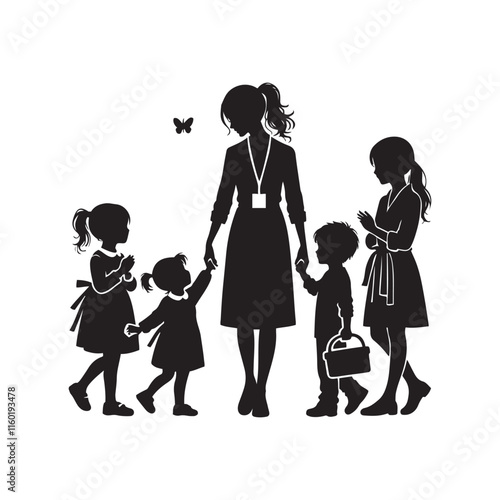  Kindergarten teacher with children silhouette vector art  black color design and solid white background 