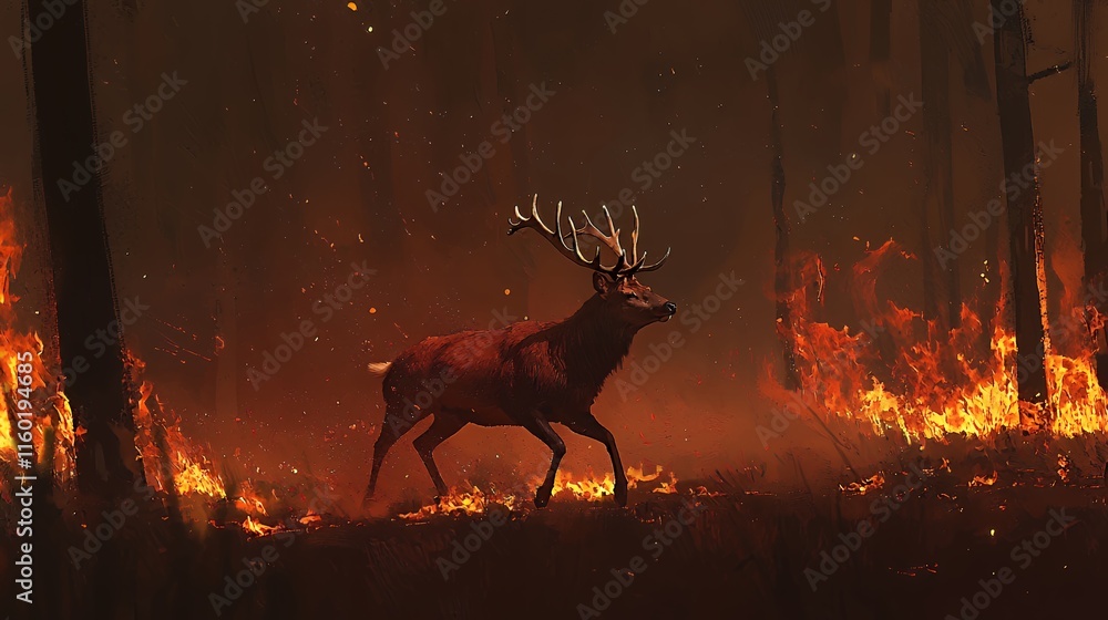 Burning Forest Escape: A Majestic Deer's Flight Through Inferno
