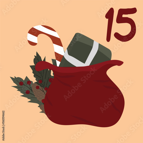 Advent-Christmas calendar, gift bag. A greeting card for printing. Vector illustration.