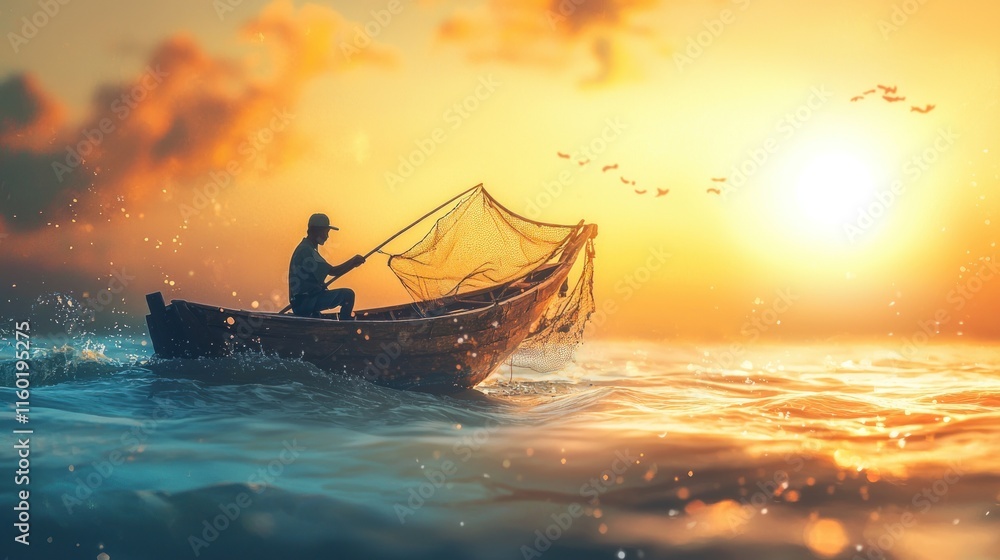 Fototapeta premium Silhouette of fisherman in boat pulling net at sunset.