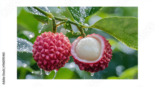 Fresh lychee fruit with droplets on leaves, showcasing peeled half revealing its juicy white flesh. vibrant and refreshing tropical delight photo