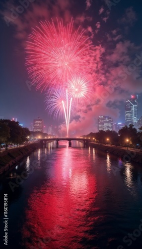 Wallpaper Mural Night cityscape with fireworks over river and bridge.Celebration. Festivity. Urban fireworks display over city river.Event poster. New Year's Eve, National Day, celebration banner, fireworks promotion Torontodigital.ca