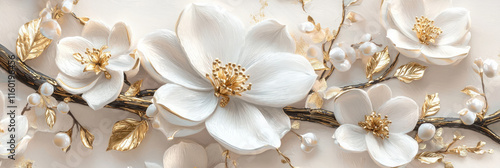 Abstract painting of white flowers on a beige background, with gold and silver details, an oil paint texture, generative AI