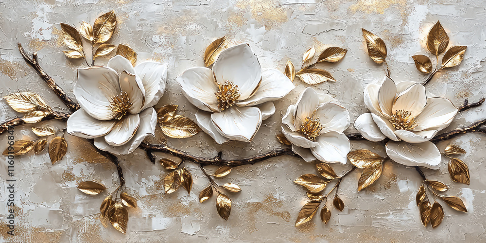 Fototapeta premium Abstract painting of white flowers on a beige background, with gold and silver details, an oil paint texture, generative AI