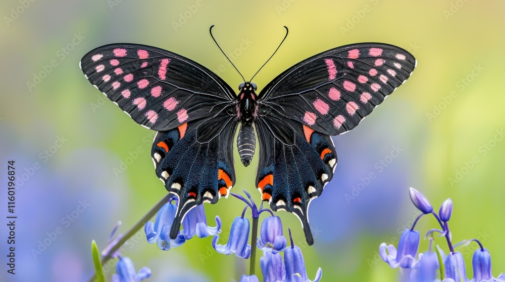 Naklejka premium Pink-spotted black butterfly on bluebells.