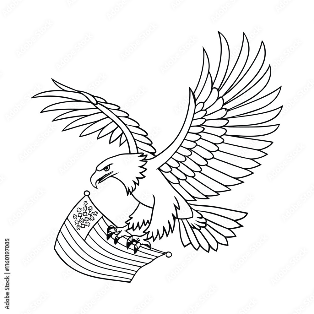 Fototapeta premium Bald eagle in flight isolated on white background with flog