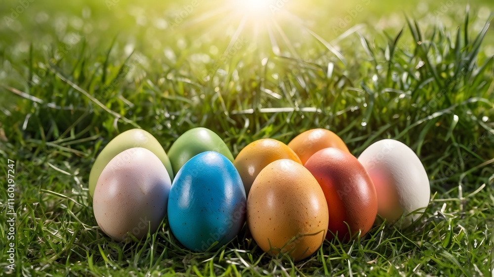 Colourful multicolour Easter eggs on green meadow grass, outdoor warm sunlight. Celebration traditional festive season egg Colourful multicolour Easter eggs on green meadow grass, outdoor warm sunlight. Celebration traditional festive season egg