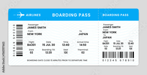 Boarding Pass Design. International Airplane  Blue Ticket Template. Airline flight pass concept.