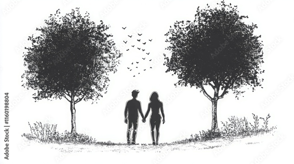 Silhouette of a young couple holding hands, walking between two trees. Silhouette of a young couple holding hands, walking between two trees.