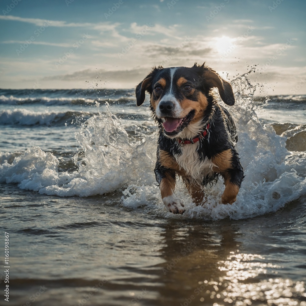 A dog playing in the waves at a beach. A dog playing in the waves at a beach.