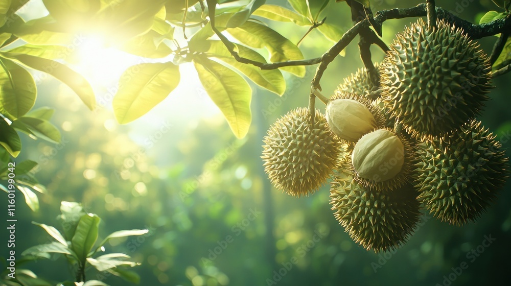 Durian fruits on tree branch in sunlight. Durian fruits on tree branch in sunlight.