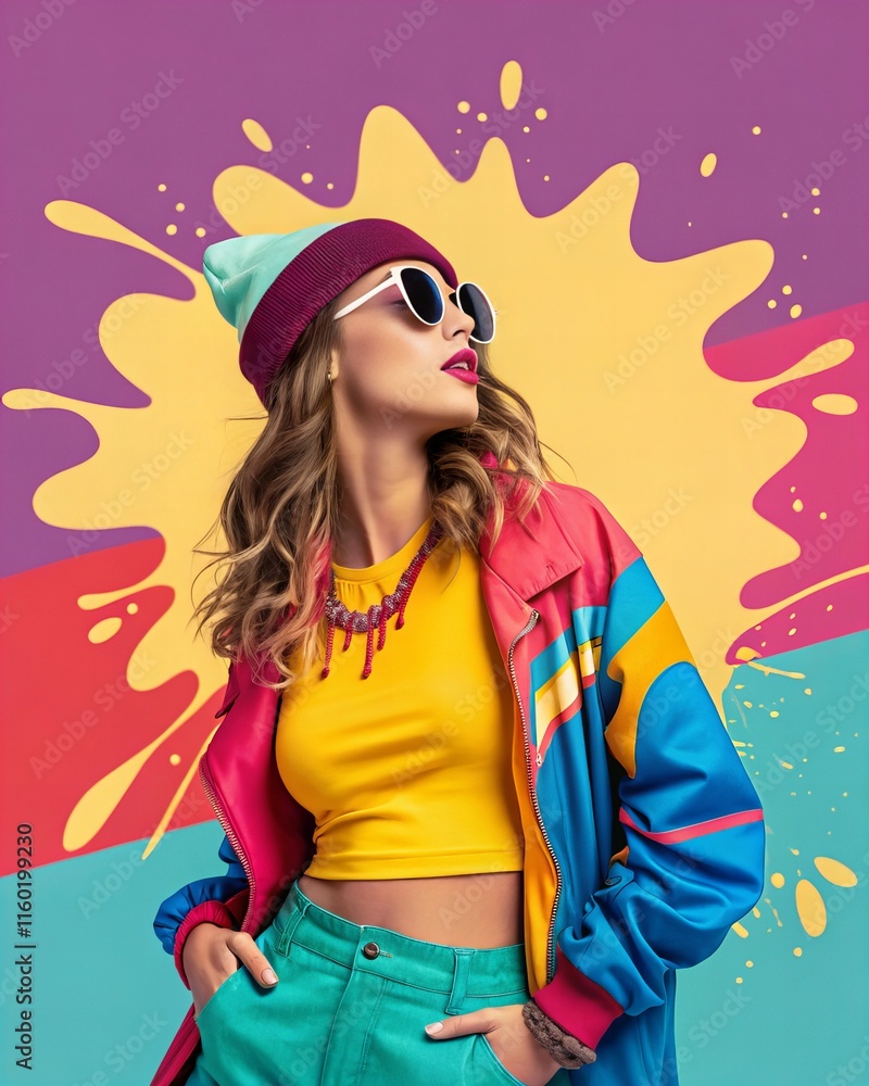 Trendy Woman in Vibrant Retro Fashion Against Colorful Abstract Background Trendy Woman in Vibrant Retro Fashion Against Colorful Abstract Background