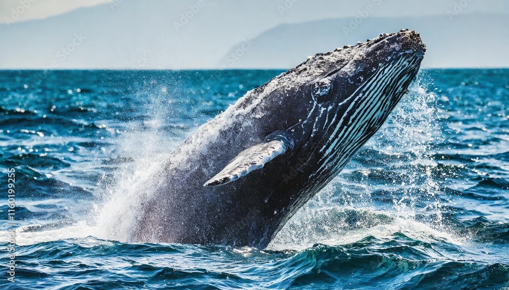 Fototapeta premium Gigantic Humpback Whale Breaching Gracefully Amid Sparkling Ocean Waves
