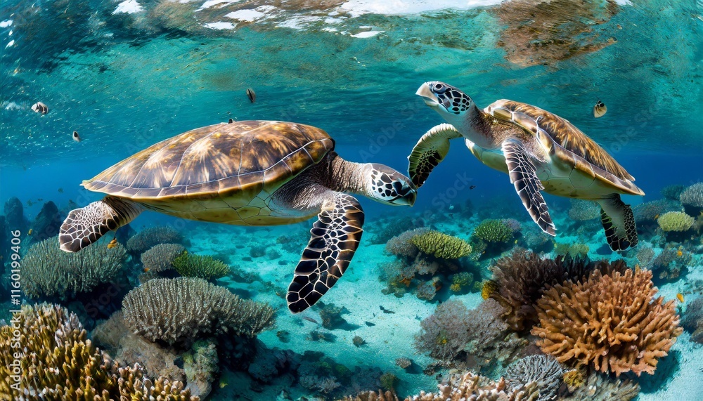 Fototapeta premium Marine Turtles Swimming Gracefully Over Coral Reefs in Crystal Blue Waters