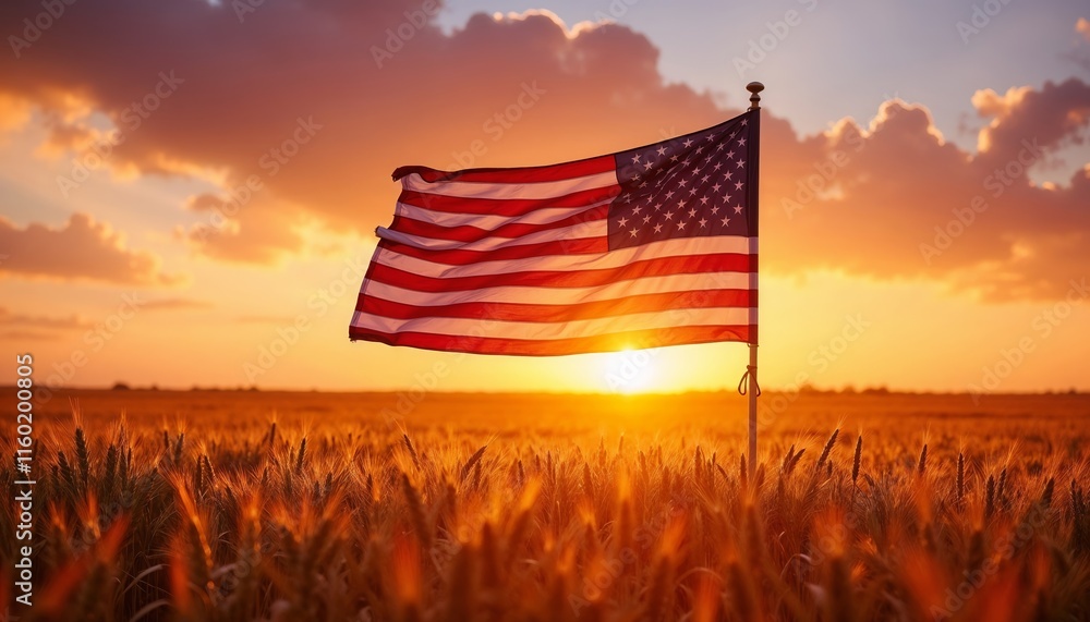 Obraz premium USA Flag Waving in Wheat Field at Sunset.American pride. Land of freedom. Resilience and unity.Fourth of July posters. Patriotic events. National celebration materials.