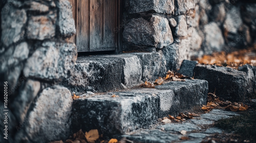 Stone steps leading to a rustic wooden door set in a weathered stone wall, autumn leaves scattered nearby. Stone steps leading to a rustic wooden door set in a weathered stone wall, autumn leaves scattered nearby.