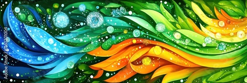 Abstract swirling vibrant blue, green, orange, and yellow leaves with water droplets.