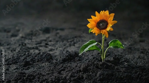 A vibrant sunflower emerges from dark soil, symbolizing resilience and beauty in nature. photo