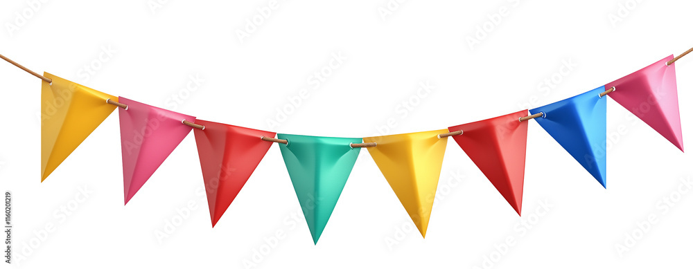 Fototapeta premium Playful triangular bunting in rainbow hues, stretched horizontally on a transparent background. Perfect as festive decoration for parties and celebrations