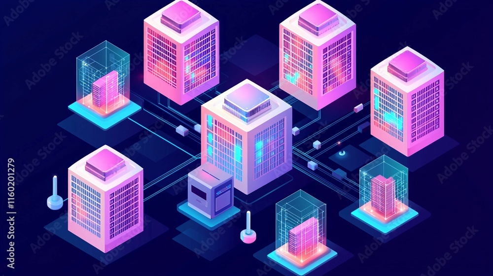 Futuristic Cityscape with Glowing Buildings and Network Connections Futuristic Cityscape with Glowing Buildings and Network Connections