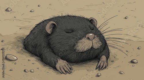 A sleeping pocket gopher partially buried in sand.