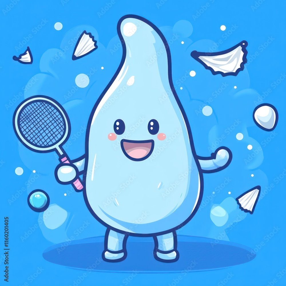 Obraz premium A cute, cartoonish character resembling a droplet holding a badminton racket, surrounded by shuttlecocks.
