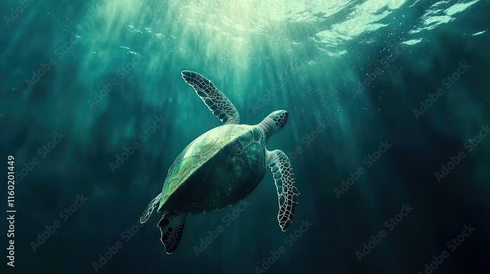 Fototapeta premium Underwater sea turtle swimming in sunbeams.
